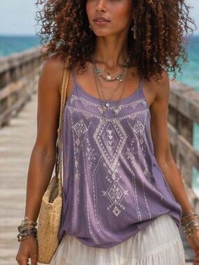 Dusty Lavender - Blu Pepper - Boho Aztec Top Sleeveless Resortwear Festival - M